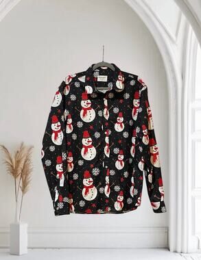 Large TUNEVUSE Mens Christmas Snowman Print Long Sleeve Button Down